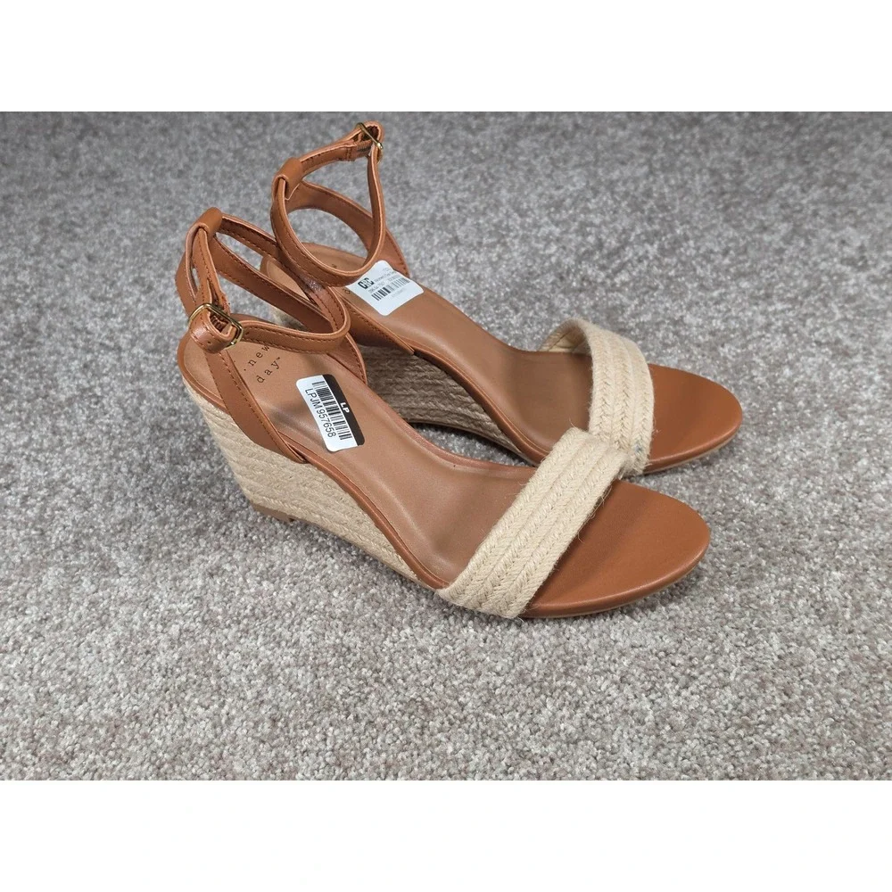 A New Day Tish Slingback Espadrille Wedge Sandals Cognac Brown Braided Jute 7.5